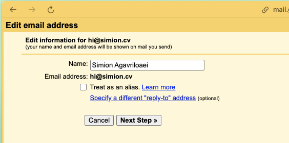 Gmail "Edit email address" dialog with "Treat as an alias" checkbox unchecked