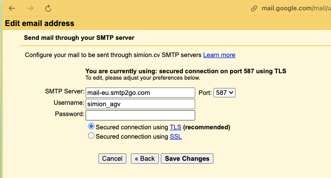 Gmail SMTP server dialog with mail-eu.smtp2go.com on port 587, TLS selected