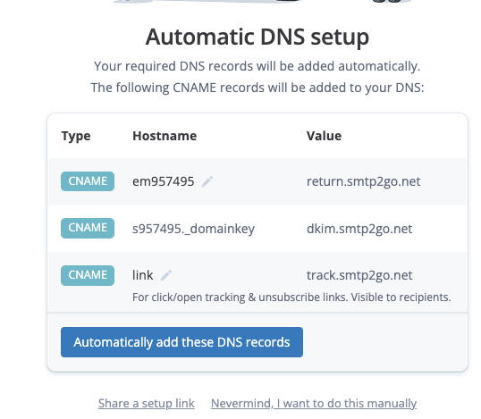 SMTP2GO automatic DNS setup modal with three CNAME rows for return-path, DKIM, and click tracking
