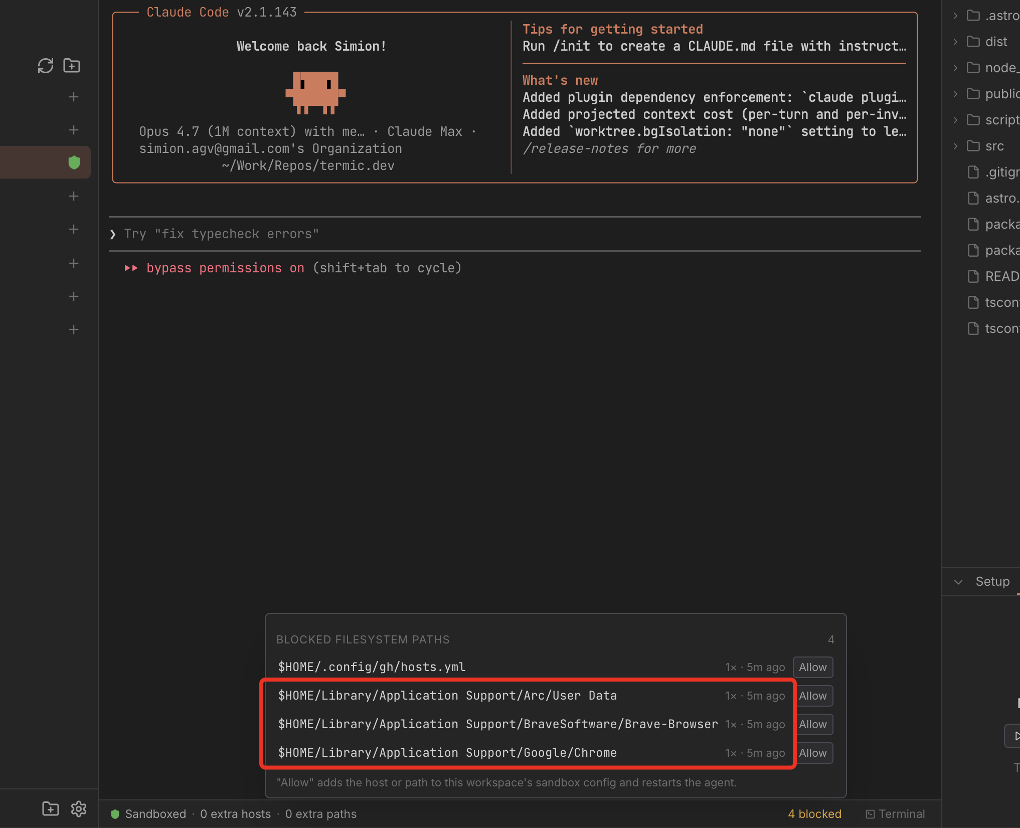Termic sandbox whitelist blocking Claude Code from reading GitHub auth tokens and Chrome / Brave / Arc browser profile data