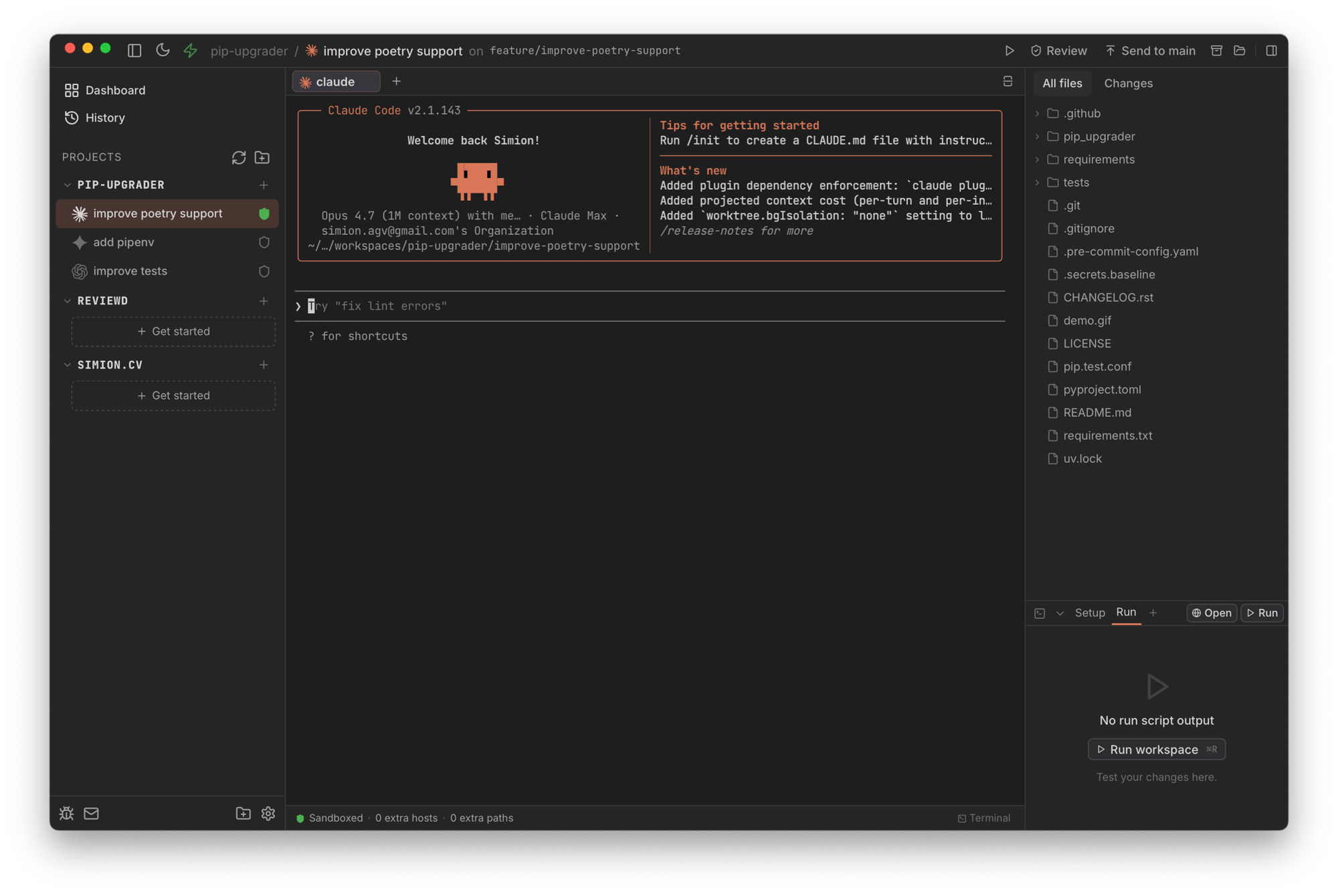 Termic main workspace showing the Claude Code CLI running inside a sandboxed worktree