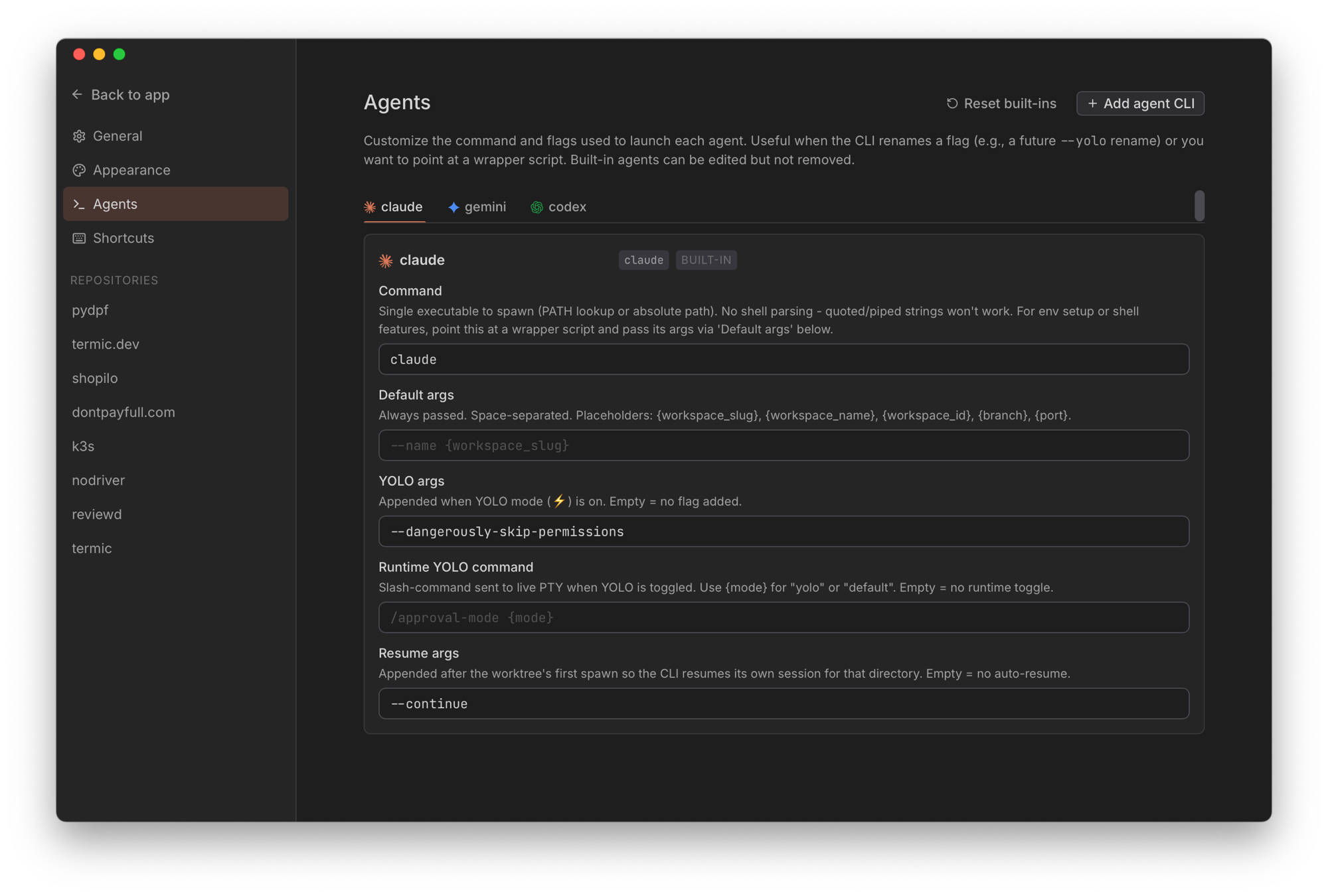 Termic Settings → Agents page showing claude/gemini/codex tabs with editable Command, Default args, YOLO args, Runtime YOLO command, and Resume args fields